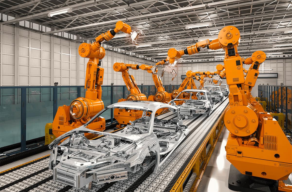 Automotive assembly line with many big automotive manufacturing arms