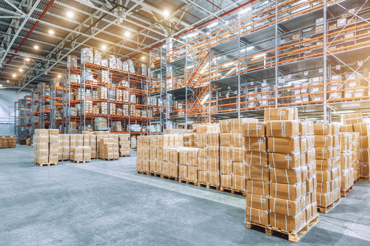 Warehouse filled with cardboard boxes